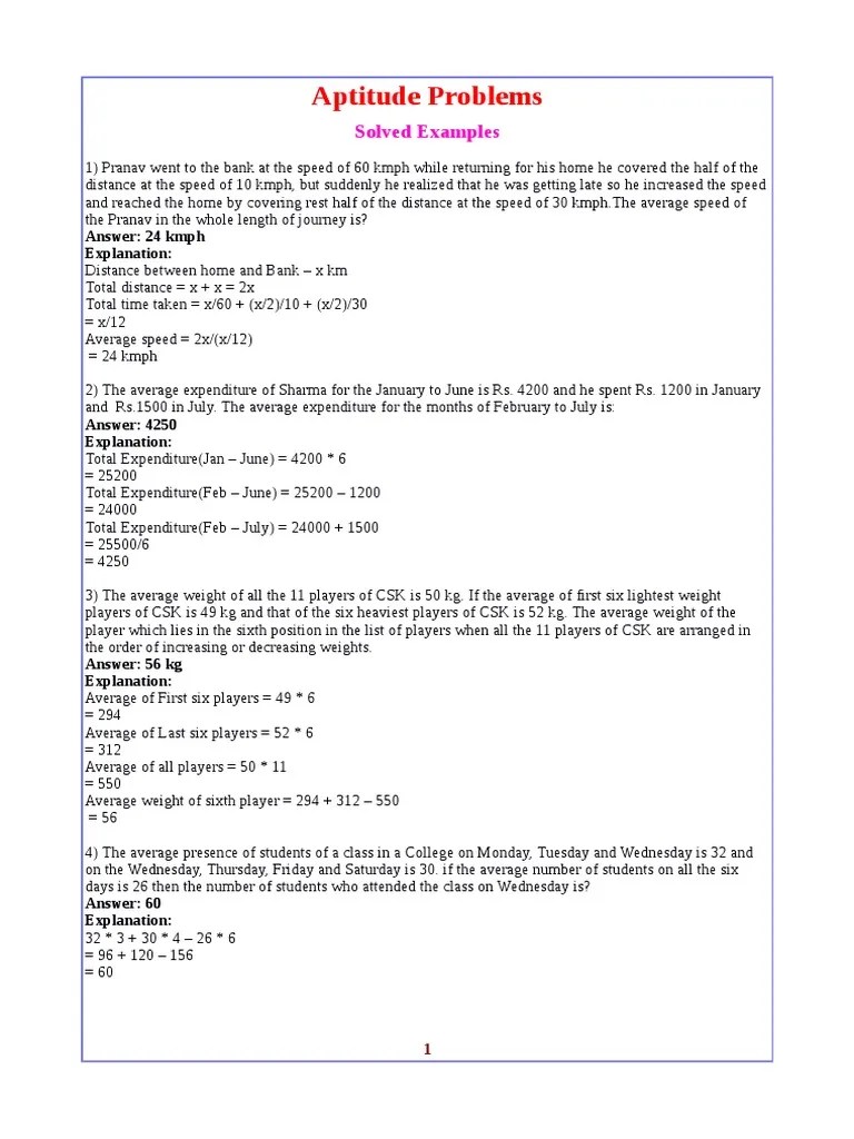 Aptitude Problems: Solved Examples | PDF | Speed | Profit (Accounting)