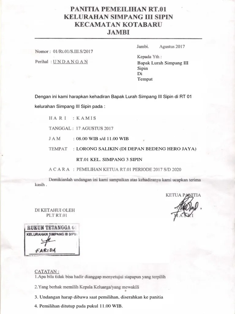 Pemilihan dewan kemakmuran masjid (dkm) mengingat pentingnya acara tersebut kami sangat mengharapkan kehadiran bapak/ saudara. Surat Undangan Pemilihan RT