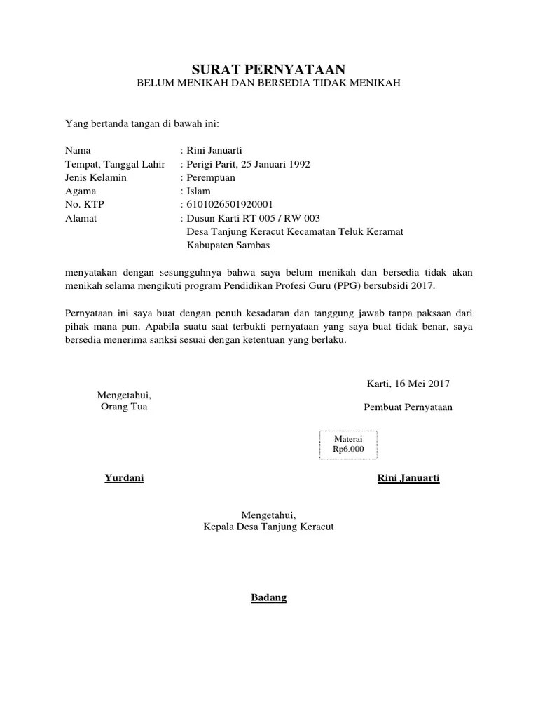 Jul 09, 2021 · contoh surat pernyataan orang tua bersedia memberi sumbangan. Surat Pernyataan Belum Menikah Dan Bersedia Tidak Menikah - Kumpulan Surat Penting