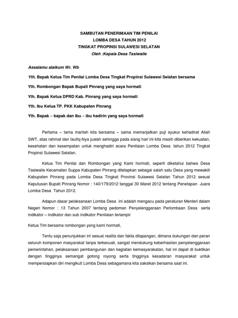 Sambutan Penerimaan Tim Penilai Lomba Desa | PDF