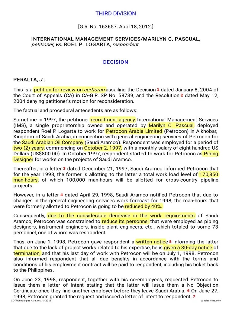 167046-2012-International Management Services V. Logarta | PDF | Layoff ...