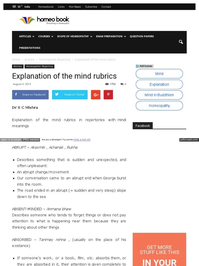 WWW Homeobook Com Explanation Of The Mind Rubrics | PDF | Anxiety | Blasphemy