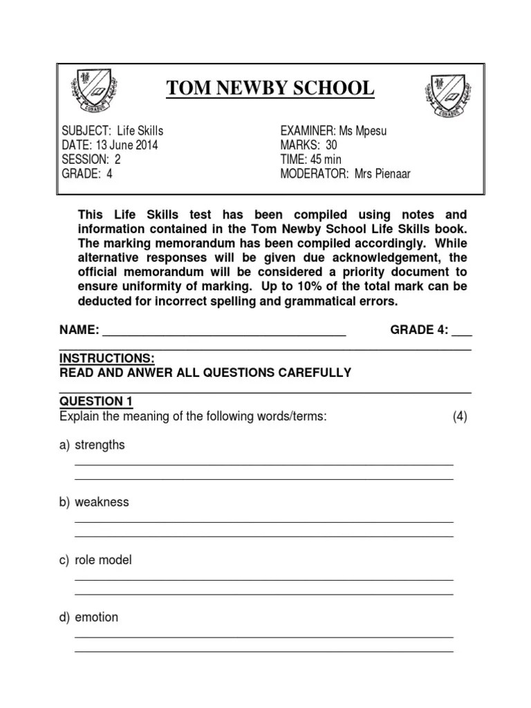 grade 4 life skills june exam 2014 pdf bullying test assessment
