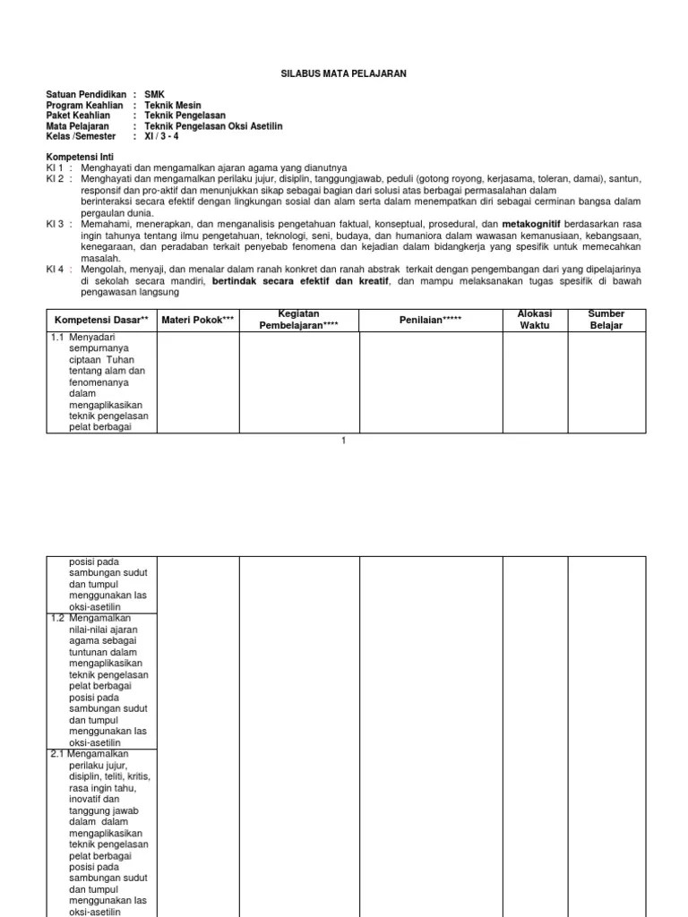 Menerapkan teknik pengelasan pipa dengan pipa pada sambungan tumpul posisi mendatar dengan las oksi asetilin (oaw) melakukan pengelasan pipa dengan pipa pada sambungan tumpul posisi mendatar dengan las oksi asetilin (oaw) menganalisis penyebab dan prosedur pencegahan distorsi dalam pengelasan oksi asetilin (oaw) Silabus Las Oksi Asetilin Xi