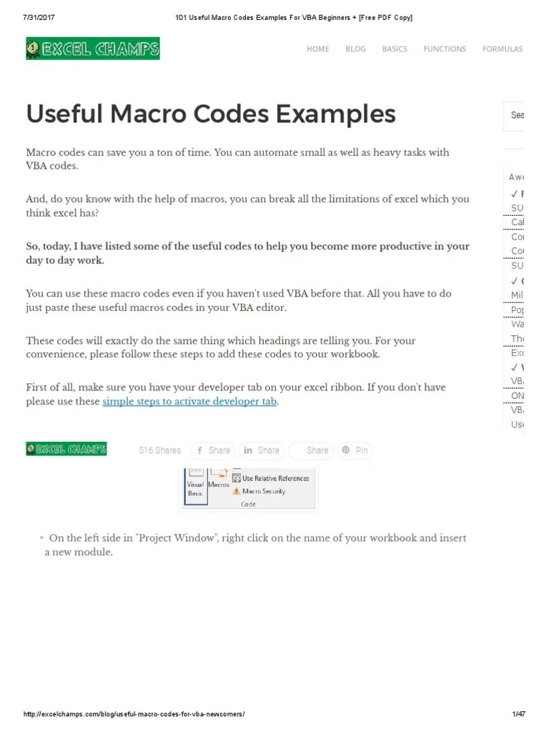 101 Useful Macro Codes Examples For VBA Beginners + (Free PDF Copy) PDF | PDF | Visual Basic For ...