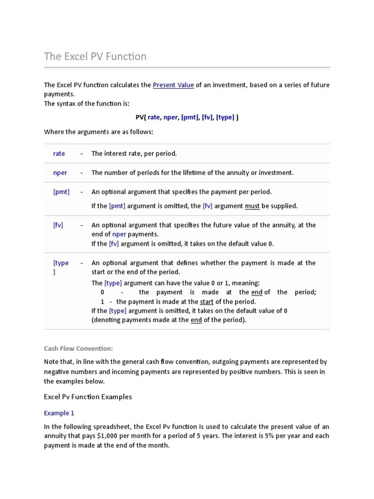 The Excel PV Function: Rate Nper (PMT) (PMT) (FV) (FV) Nper (FV) (Type ...