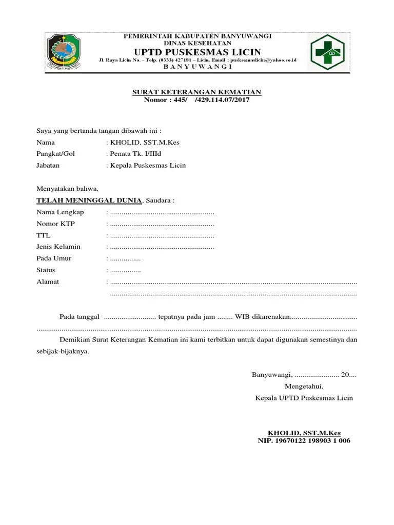 Selain karena sakit, yang namanya seorang pns tentu saja dapat mengajukan cuti atau izin tidak dapat masuk bekerja karena. Contoh Surat Keterangan Kematian Rumah Sakit