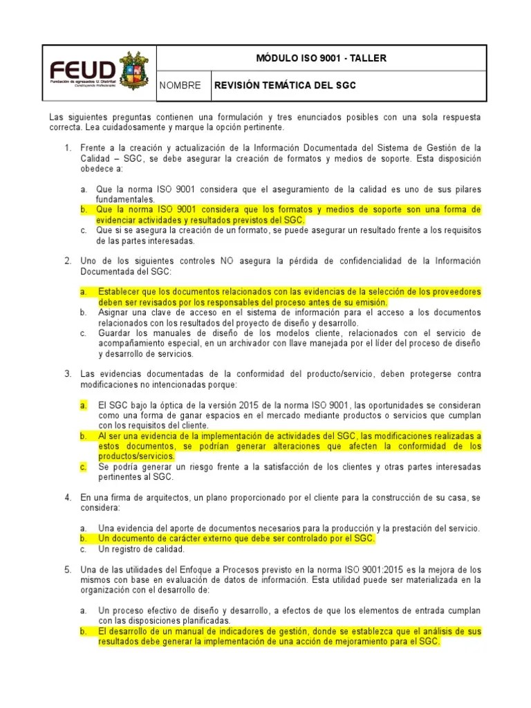 Taller Repaso Iso 9001 2015 | PDF | Gestión De La Calidad | Calidad ...