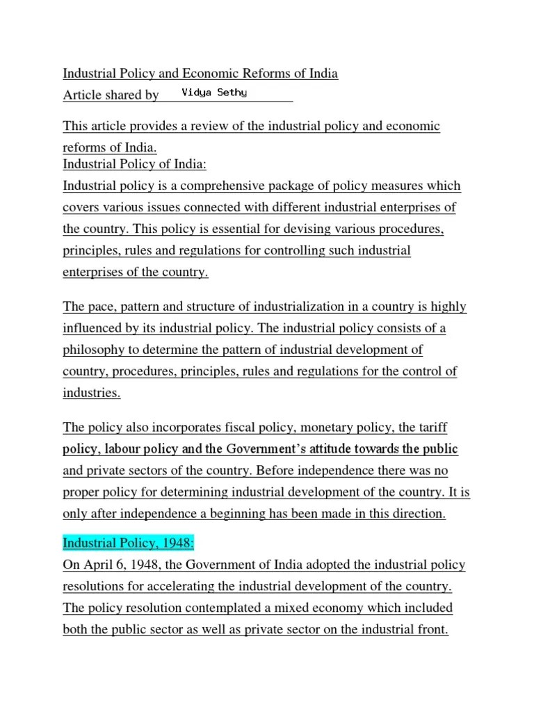 Industrial Policy And Economic Reforms Of India PDF | PDF | Industrial Policy | Mining