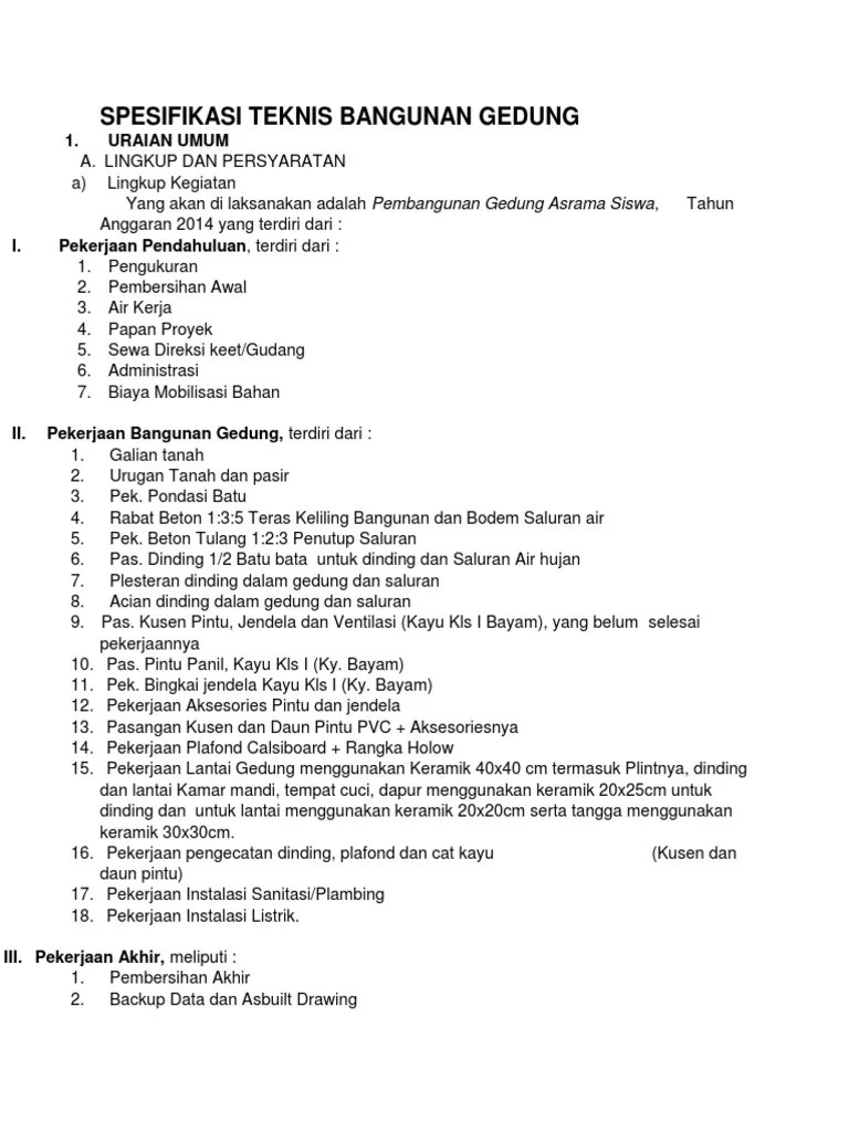 Spesifikasi Teknis Bangunan Gedung | PDF