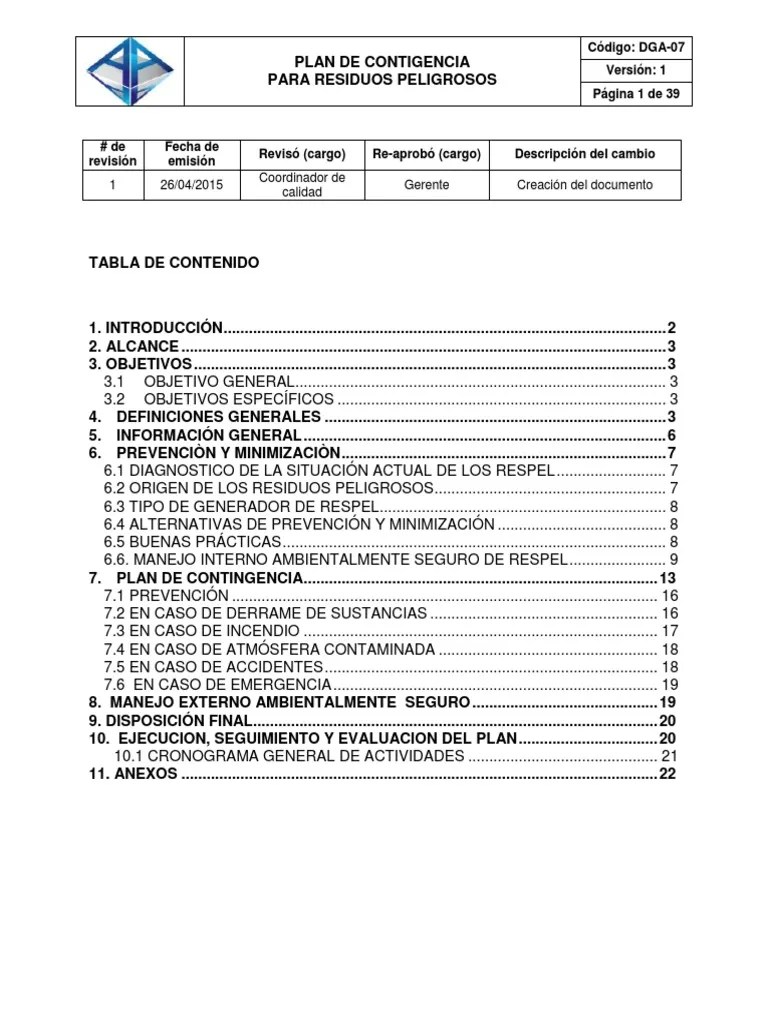 DGA-07 Plan De Contingencia Para Residuos Peligrosos | PDF | Material ...