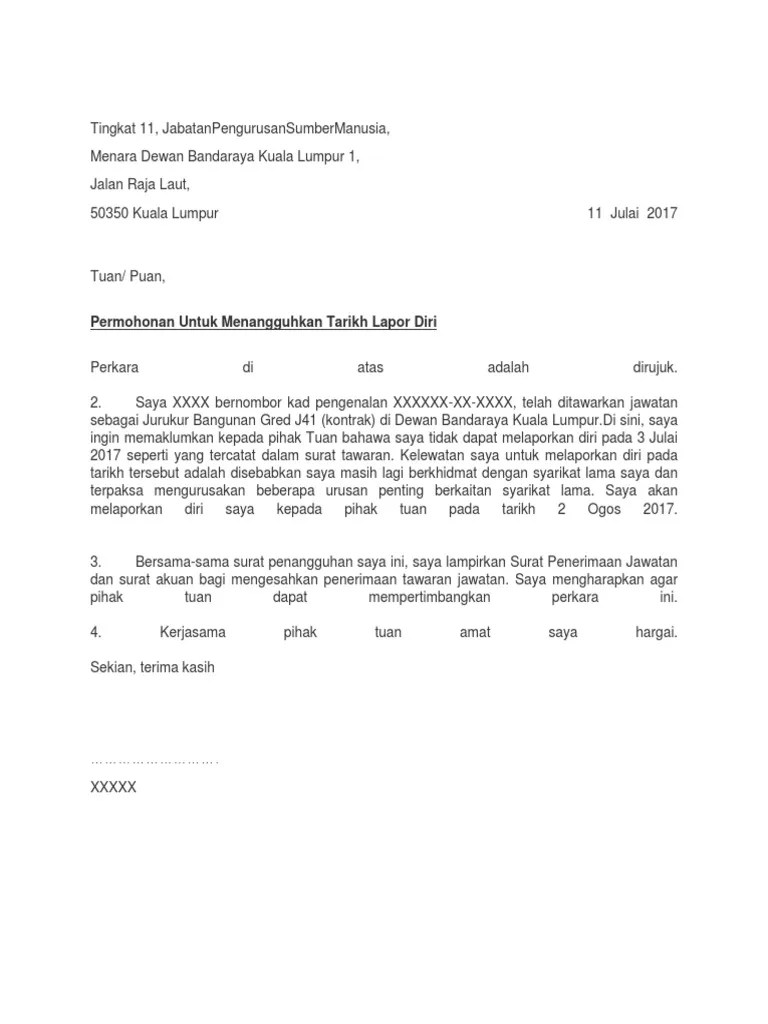 Contoh Surat Penangguhan Lapor Diri Kkm