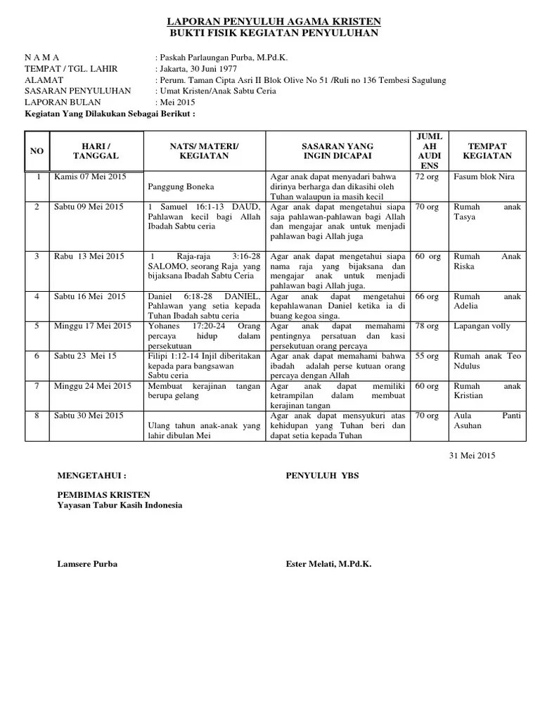 Contoh Laporan Penyuluh Agama Kristen Non Pns 2019 – Berbagai Contoh