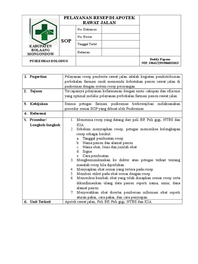 Hafidza hudaya husna, gambaran pelaksanaan standart. Sop Pelayanan Resep Di Apotek Rawat Jalan Pdf