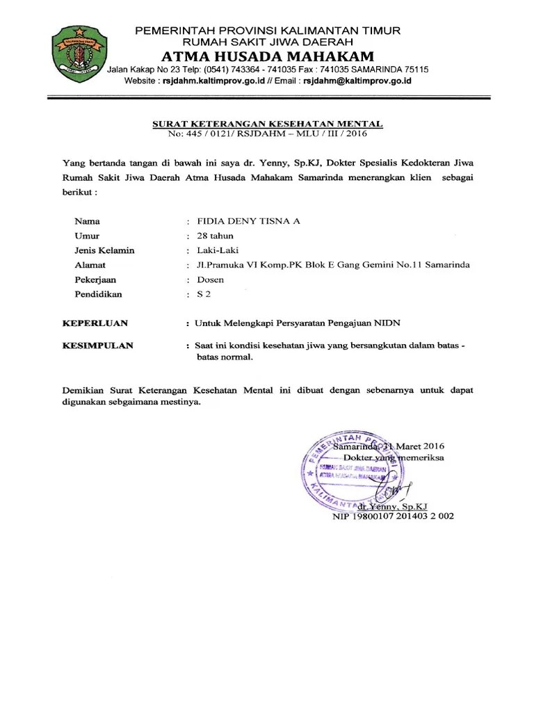 Surat Keterangan Sehat Jasmani Dan Rohani - Contoh Surat