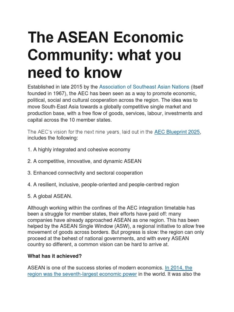 The ASEAN Economic Community | PDF | Association Of Southeast Asian Nations | Trans Pacific ...