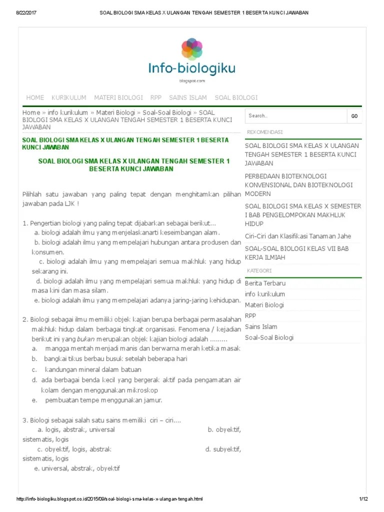 Latihan soal dan kunci jawaban uts/pts biologi khususnya kelas x tingkat sma/ma semester 1 kurikulum 2013 tahun 2021/2022. Soal Biologi Sma Kelas X Ulangan Tengah Semester 1 Beserta Kunci Jawaban Pdf