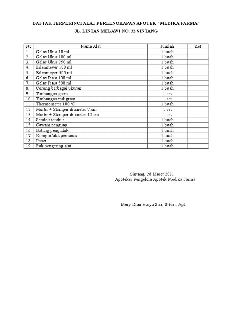 Daftar terperinci alat alat perlengkapan apotek; . Daftar Perlengkapan Apotek Pdf