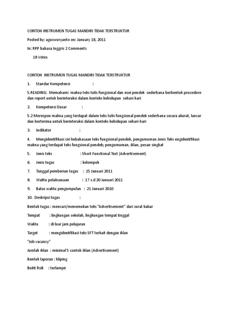 contoh soal dan jawaban laporan arus kas metode langsung dan tidak langsung. Contoh Instrumen Tugas Mandiri Tidak Terstruktur Pdf