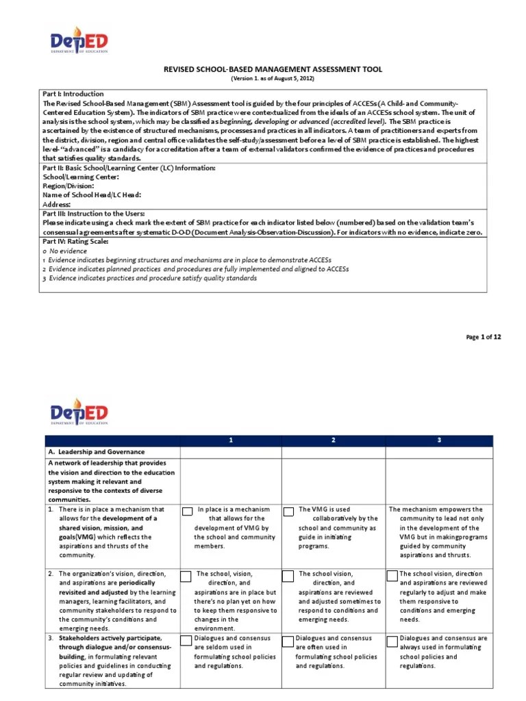Revised SBM Assessment Tool | PDF | Educational Assessment | Community