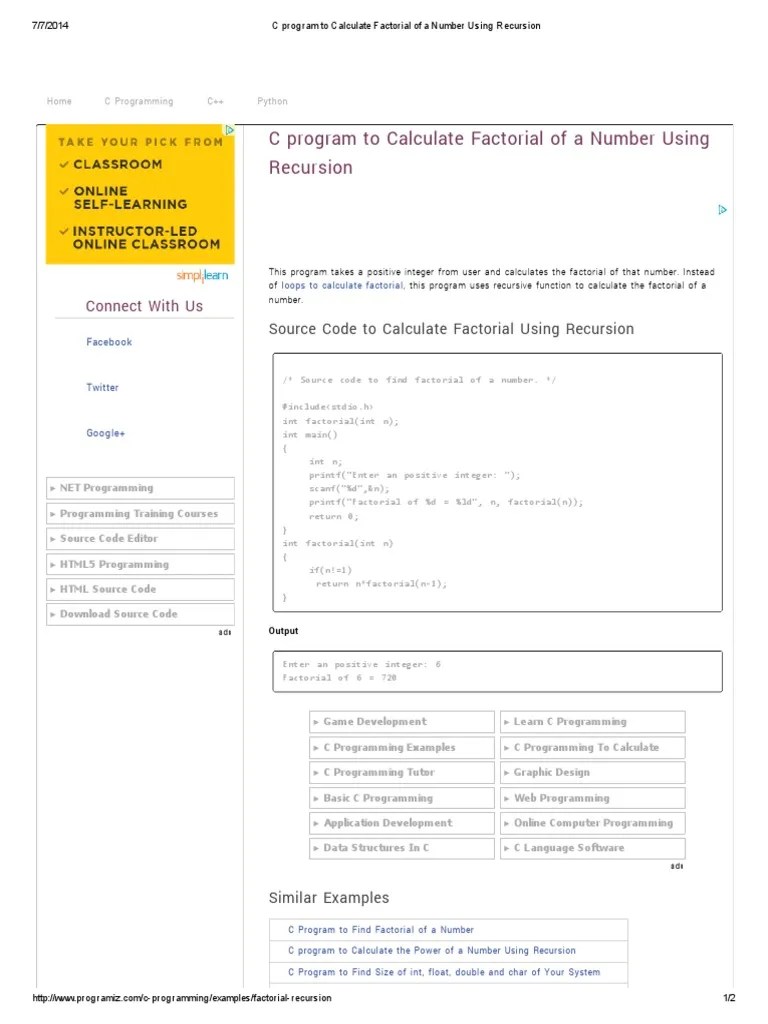 C Program To Calculate Factorial Of A Number Using Recursion | PDF | C ...