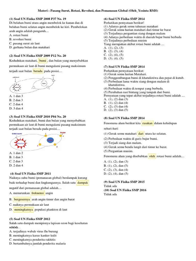 14 - Kumpulan Soal UAN SMP - Pasang Surut, Rotasi, Revolusi, Dan Pemanasan  Global | PDF