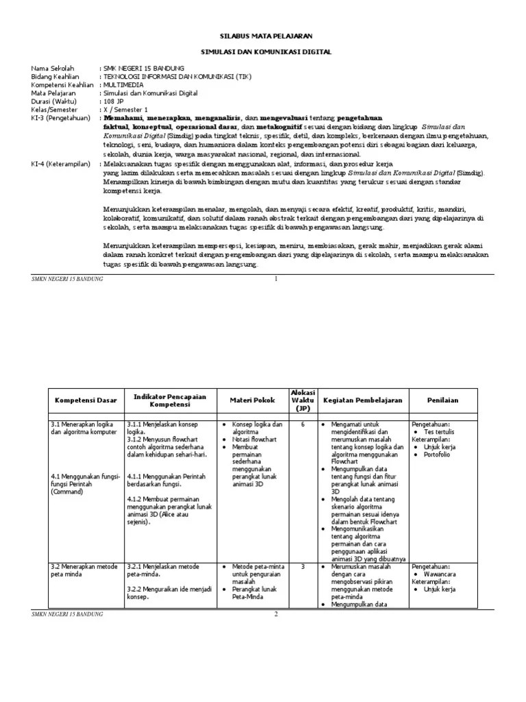SILABUS KELAS X-Semester 1 - 2 ## Simulasi Dan Komunikasi Digital | PDF
