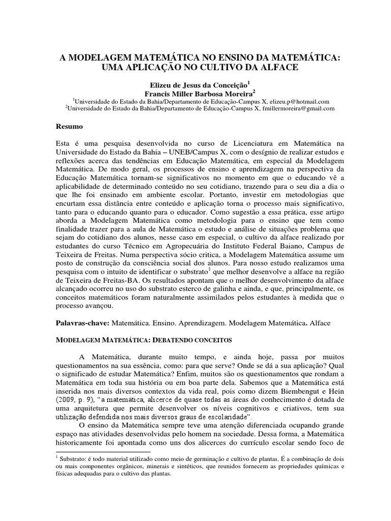 A Modelagem Matemática No Ensino Da Matemática Uma Aplicação No Cultivo Da Alface | PDF | Ensino ...