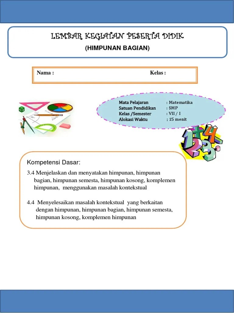 Jurnal riset pendidikan matematika merupakan jurnal yang diterbitkan oleh fakultas tarbiyah dan ilmu keguruan, jurnal ini memuat hasil penelitian . Lks Himpunan Bagian Pdf