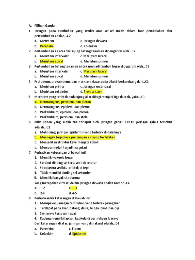 Pengembangan instrumen soal essay tipe higher order thinking skill (hots) materi struktur jaringan dan fungsi organ pada tumbuhan kelas xi sman 1 tumpang. Soal Dan Jawaban Jaringan Tumbuhan Pdf