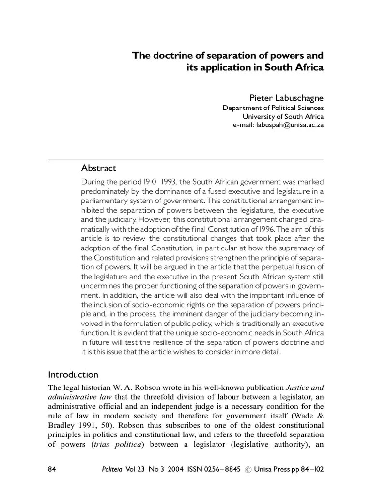 The Doctrine Of Separation Of Powers And Its Application In South Africa | PDF | Separation Of ...