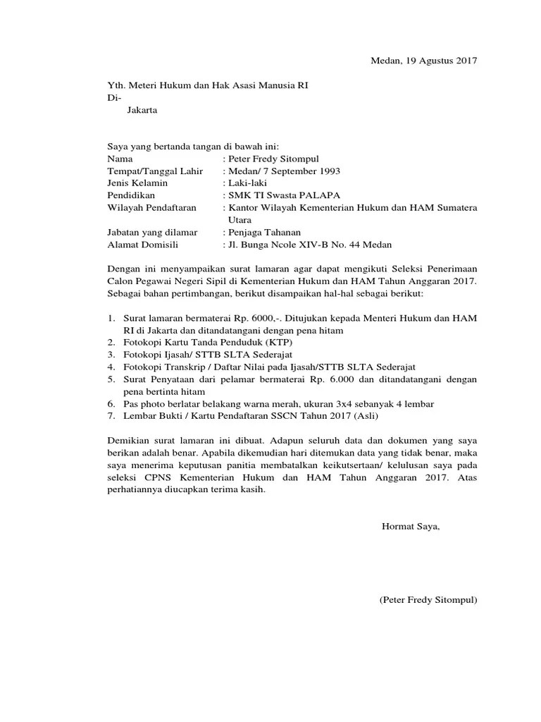 (sma, d3, s1 dan s2). Surat Lamaran Kemenkumham
