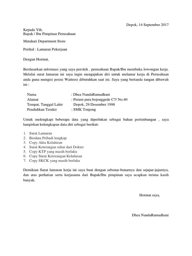 45+ contoh surat lamaran kerja di pt matahari department store. Lamaran A W Pdf