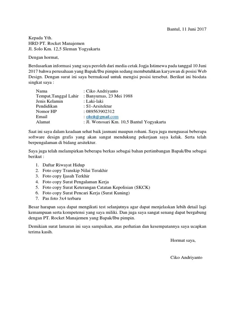 Dokument yang selalu wajib dalam pelamaran kerja iyalah surat lamaran karena sebagai dasar kelengkapan dokument dokument lainnya. Contoh Surat Lamaran Kerja PDF
