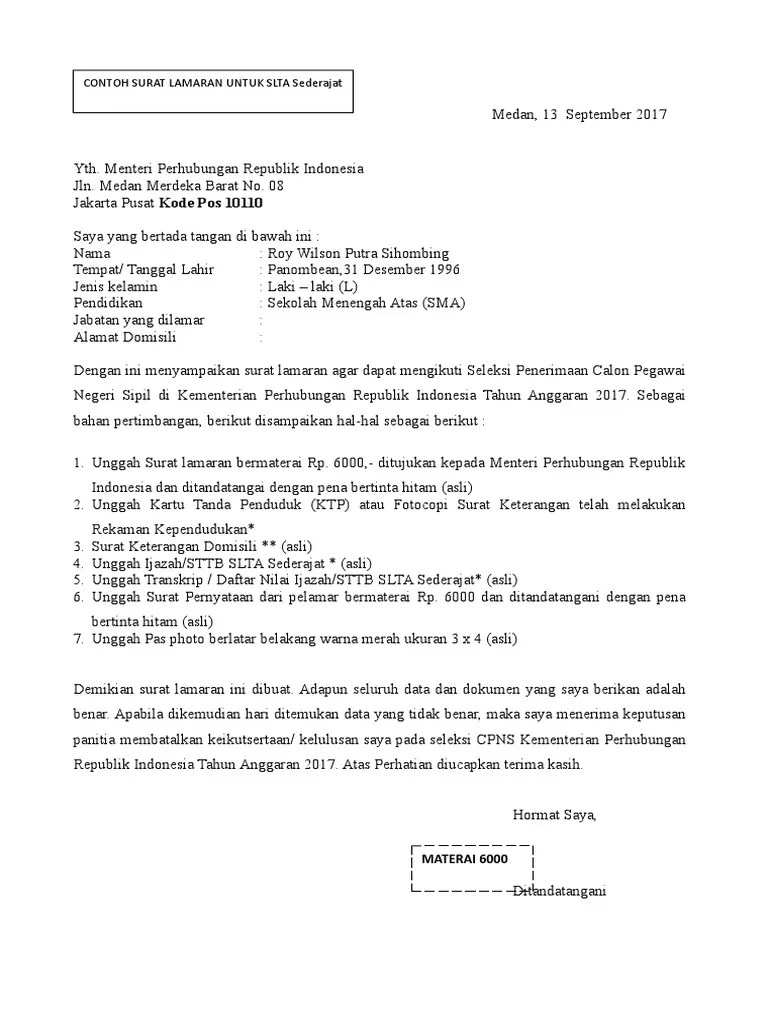 Negeri sipil (cpns) di kementerian perhubungan (kemenhub) tahun 2021. Format Surat Lamaran Slta Pdf