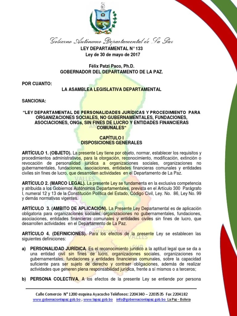 Ley Dep - 133.PDF (Personerias Juridícas) | Personalidad Legal | Organización Sin ánimo De Lucro