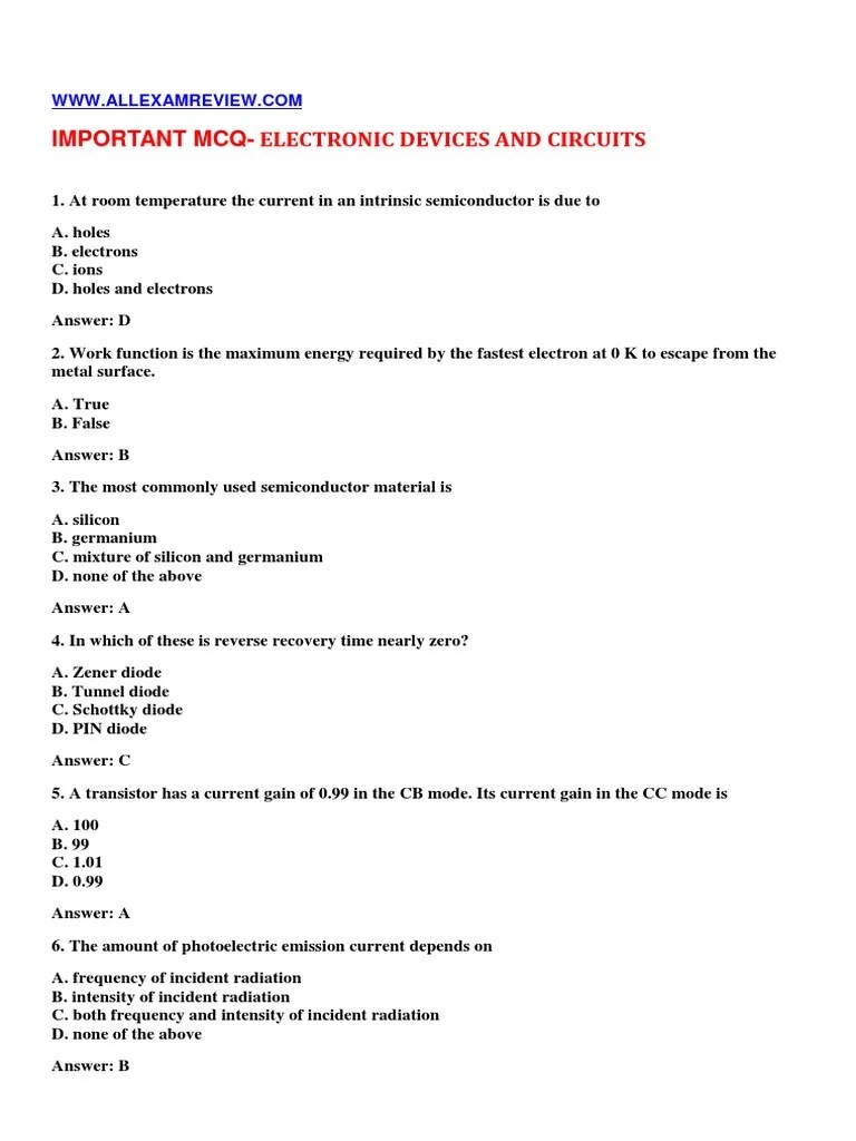 Important MCQ - Electronic Devices And Circuits | PDF | P–N Junction ...