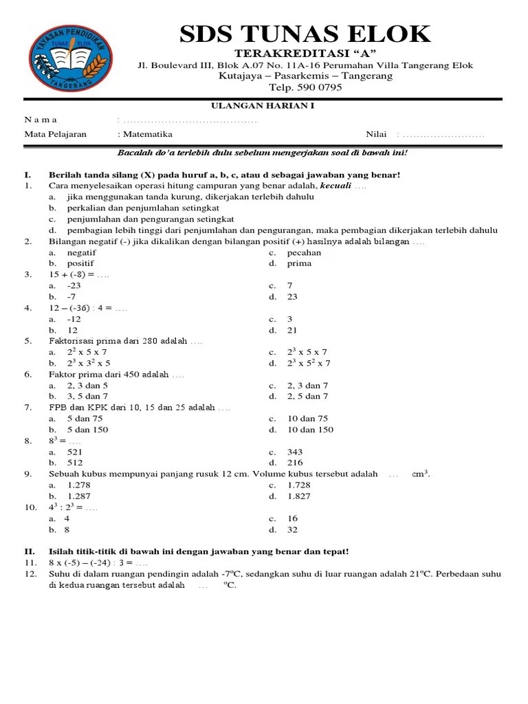 Berikut ini merupakan contoh soal . Contoh Soal Soal Matematika Kelas 6 Ulangan Harian