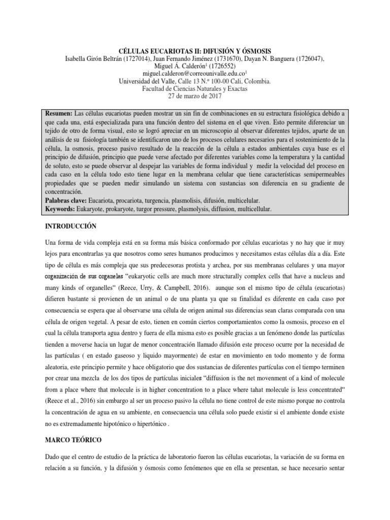 Informe Difusión Y Ósmosis | PDF | Sangre | Tinción