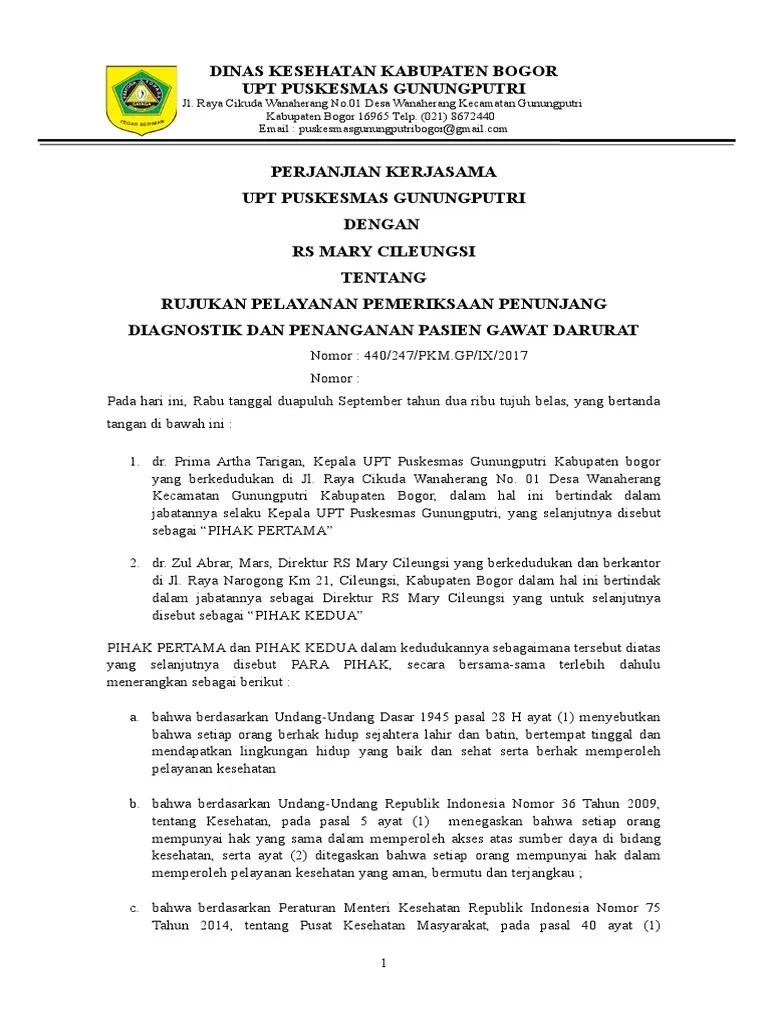 Draft Perjanjian Kerjasama Rujukan Puskesmas Dengan Rumah Sakit | PDF