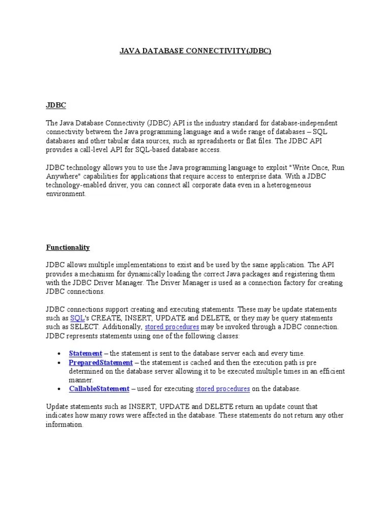 Java Database Connectivity | PDF | Databases | Computing Platforms