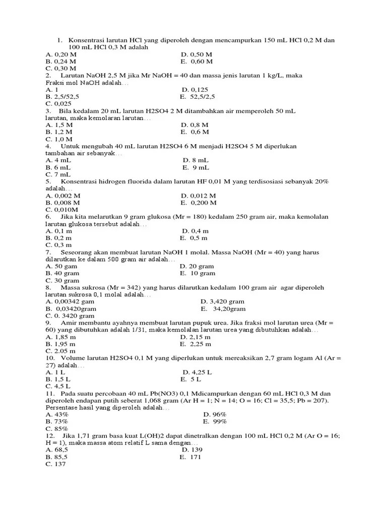 Konsentrasi Larutan HCL Yang Diperoleh Dengan Mencampurkan 150 ML HCL 0 |  PDF