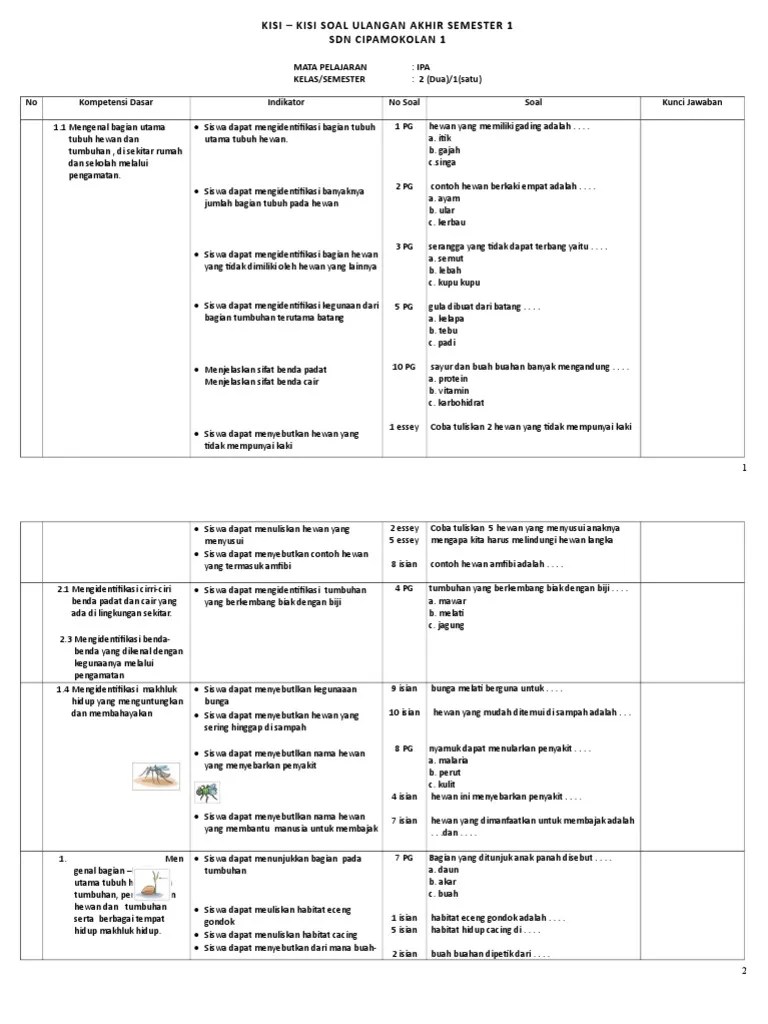 Model kurikulum tingkat satuan pendidikan (ktsp) di sd. Kisi Kisi Soal Uas Ipa Kelas 2 Smtr 1 Asli Pdf
