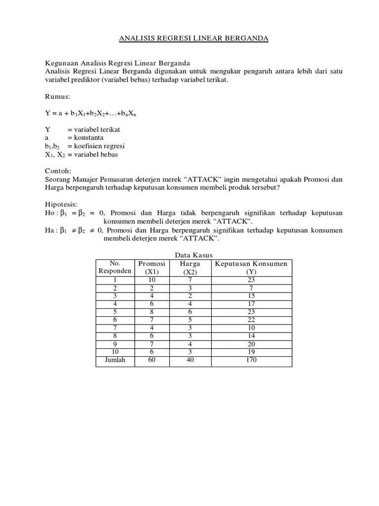 Analisis regresi linier berganda adalah hubungan secara linear antara dua atau. Contoh Perhitungan Regresi Linier Berganda Pdf