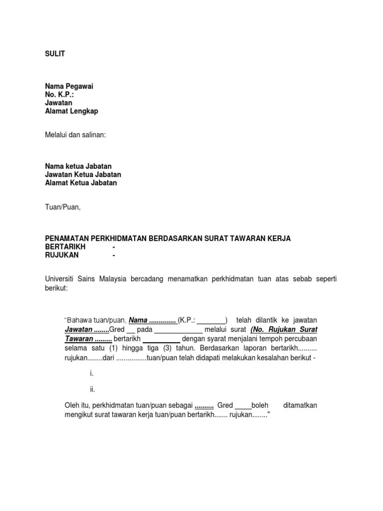 Surat penamatan sampel yang digunakan di tempat kerja 2021 . Contoh Surat Penamatan Perkhidmatan Staf Dalam Tempoh Percubaan Pdf Pdf