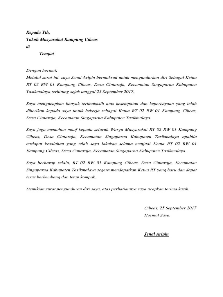 Surat Pengunduran Diri Rt Contoh surat pengunduran diri kerja memang sangat dibutuhkan pada saat seseorang memutuskan untuk berhenti bekerja.