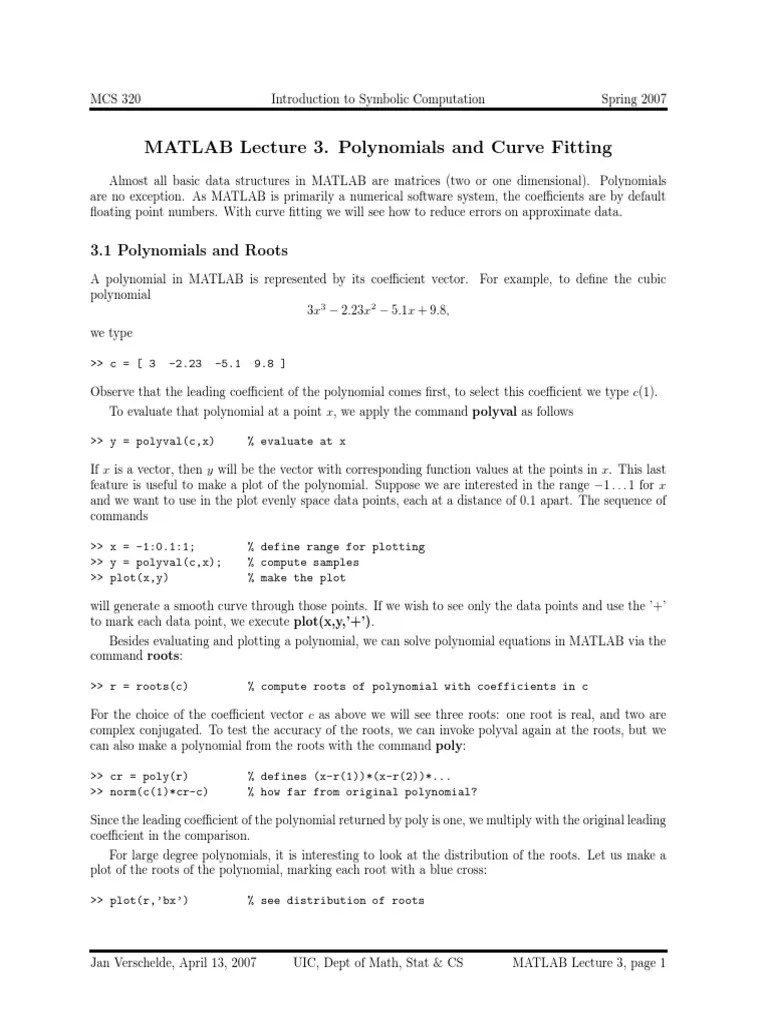 MATLAB Lecture 3. Polynomials And Curve Fitting PDF | PDF