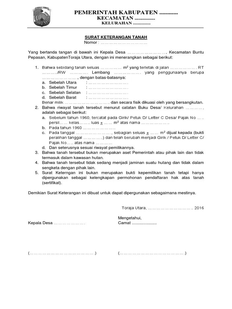 Surat Keterangan Tanah (Contoh) | PDF