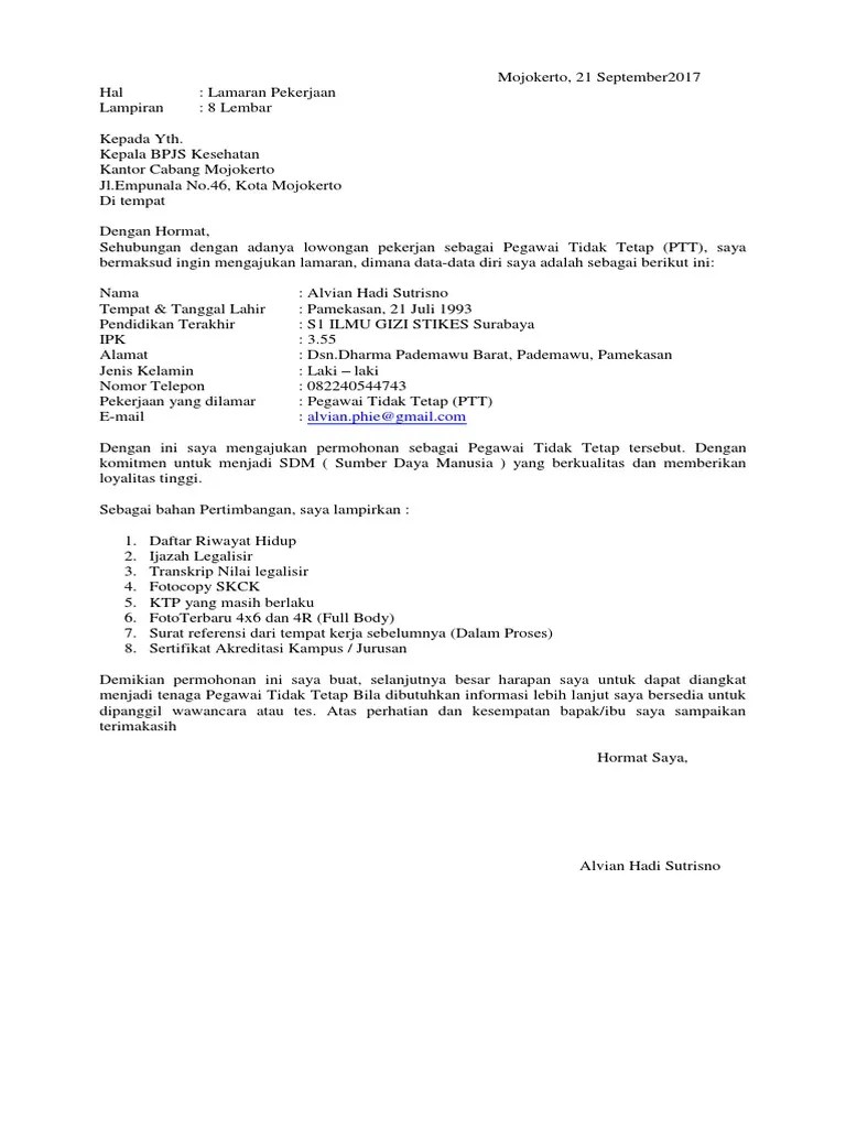 Contoh Surat Lamaran Pekerjaan Bpjs Pdf 