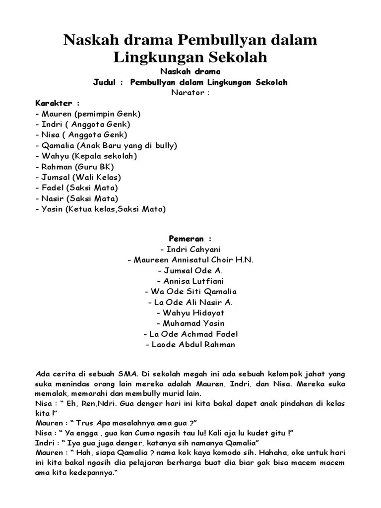 Melalui sosiodrama, individu akan akan diajak untuk memainkan sebuah peran guna melatih kemampuannya dalam mengatasi perilaku bullying sesuai dengan tema drama . Naskah Drama Pembullyan Dalam Lingkungan Sekolah Pdf